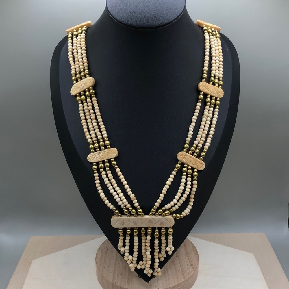 Vintage artisan rustic tribal boho statement bone bead necklace.